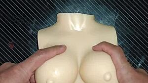 The sex doll begged for double penetration on the desk, leading to a quickie creampie in her tight holes and cum on her tits
