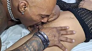 Black Bodybuilder Fucks Submissive Nymph with Pierced Nipples and Tattoos