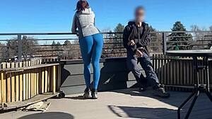 Wow, redhead slut blows big cock on roof!