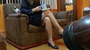 Hey, my stepmother got dressed up for the party and came back so excited to undress right away.