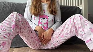 Skinny babe in pajama masturbate small 18+ tits fingering pussy closeup and squirt orgasm.