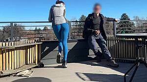 Wow, redhead slut blows big cock on roof!