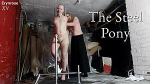 steel pony bondage forces squirting orgasms from shaved slave