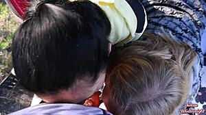 outdoor double blowjob in car trunk leads to swallow and cum in mouth