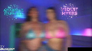 Violet Myers and Arabelle Raphael with huge tits milk cock in threesome