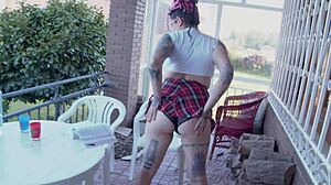 Fucking Tattooed Student with Big Tits on Public Porch