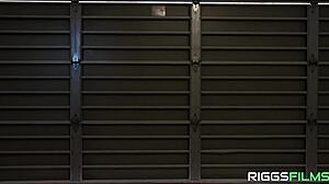 Blonde athletic fitness model with petite waist seduces trainer, giving handjob to big cock.