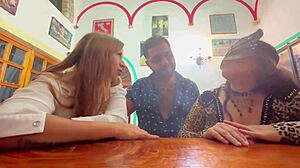 two latinas got seduced by a sneaky guy at the bar, leading to a wild threesome with creampie and swallow outdoors.
