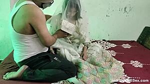 Skinny Indian married wife enjoys shaved pussy lick and rough missionary sex on wedding night.