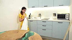 cute teen fucks to pay her rent in the kitchen