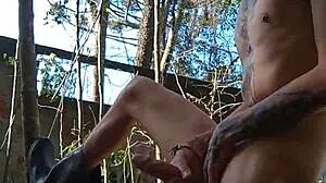 This athletic Brazilian nerd dominates a skinny tattooed guy with cum in the public garden toilet full scene