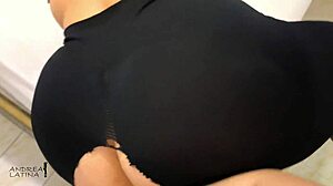 Big ass latina in ripped leggings gets close-up cumshot during doggystyle fucking
