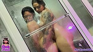 Latina Lesbian Couple Licks and Spanks in Shower and Jacuzzi