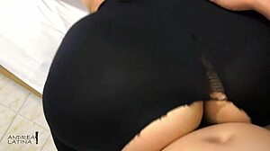 Big ass latina in ripped leggings gets close-up cumshot during doggystyle fucking
