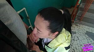 girl next door gives risky blowjob on public staircase for swallow