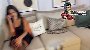 Beautiful brunette babe seduces small cock guy with hot handjob