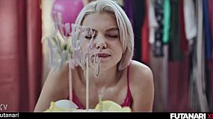 Birthday girl suddenly grows huge futa cock for her wish. She roughly fucks brunette best friend until squirting cum on shaved pussy.