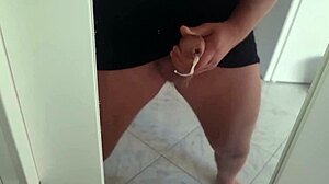 Amateur couple in bedroom starts with striptease and spanking. Skinny wife rides with dirty teasing and huge cumshot on her tanned body.