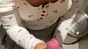 In public restroom, 18-year-old asian girl gives blowjob ending in huge cumshot