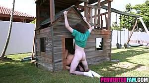 Stepmom comforts depressed stepson outdoors. Deepthroat and fucking ensue.