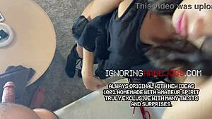 Beautiful brunette babe seduces small cock guy with hot handjob