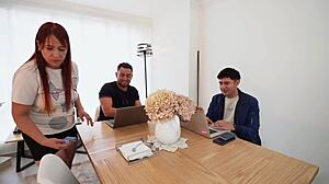 employee enjoys two students' big cocks