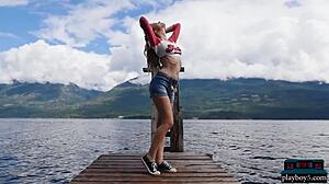 Petite Blonde Canadian Milf Rips Clothes Nude Outdoor for Playboy