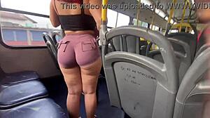 Wow! Brazilian employee sucks cock on public bus, big tits exposed!