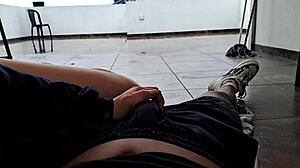 My stepsister boldly sucks my cock intensely on the terrace.