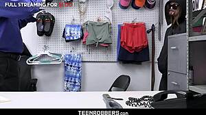 Teen with fake beard gets caught at the shop. She is fingered and fucked by big cock.