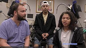 Dr. Tampa conducts Tampa University entrance physical. Michelle Anderson behind scenes.