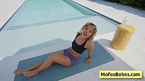 I see sexy blonde teen Luna Luxe reveal her perfect round butt by the pool with Jmac