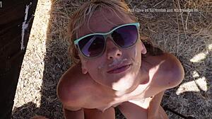 Sex outside of the barn with cum walk and public outdoor shower