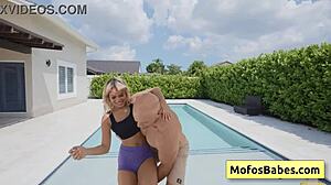 I see sexy blonde teen Luna Luxe reveal her perfect round butt by the pool with Jmac