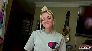 Petite inked blonde sassy rubs her juicy titties and finger fucks her twat