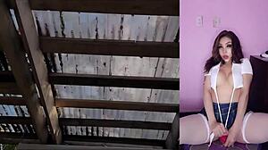 Innocent Latina Girl with Tattoos and Glasses Gives Hot Blowjob and Creampie