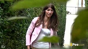 Hot Brunette Susan Ayn Relieves Her Piss Desperation