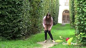 Hot Brunette Susan Ayn Relieves Her Piss Desperation