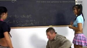 Two brunettes perform blowjob on one dick