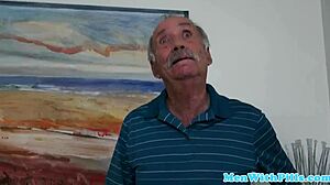 petite latina helps old man close up