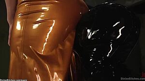 busty femdom pegs man in bondage suspension