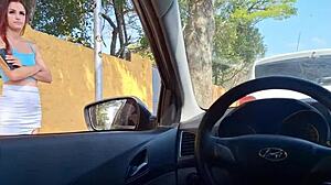 risky handjob for slut on the street at bus stop