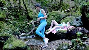 Wild threesome in the forest with voyeur watching vaginal sex, riding, and cum swallowing