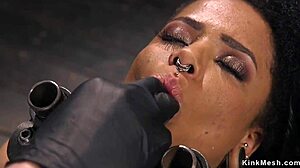 Ebony Slut Gets Caned in Suspension Bondage with Deepthroat and Whipping