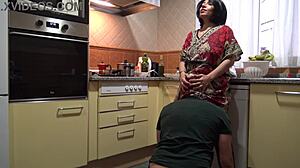 Horny Stepmom Commands Stepson to Lick Her Pussy in Kitchen!