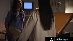 Doctor Vicki Chase keeps Nurse Sinn Sage's mouth busy to hide secrets