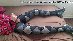 Shemale Jerking Off in Plaid Dress and Argyle Tights