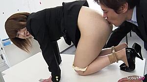 Japanese Secretary In Pantyhose With Big Natural Saggy Tits Seduces Co-Worker For Office Fuck!