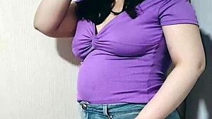 nicole shyly teases her chubby belly before stuffing it full