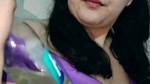 nicole shyly teases her chubby belly before stuffing it full